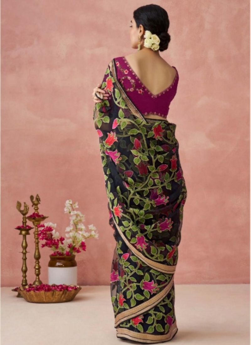 Beautiful digital printing organza saree  in black