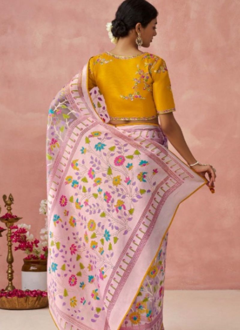 Beautiful digital printing organza saree  in baby pink