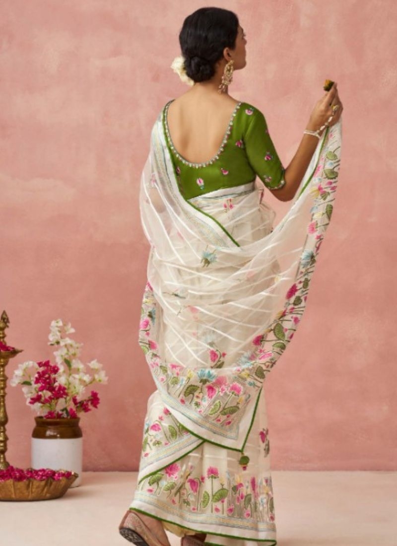 Beautiful digital printing organza saree  in off white