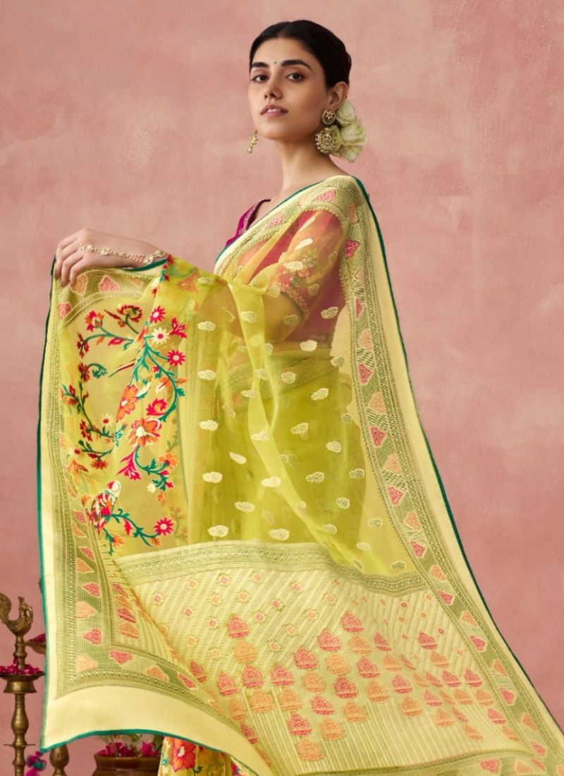 Beautiful digital printing organza saree  in yellow