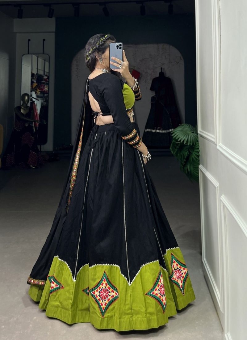 Embroidered navratri special cotton lehenga choli in black