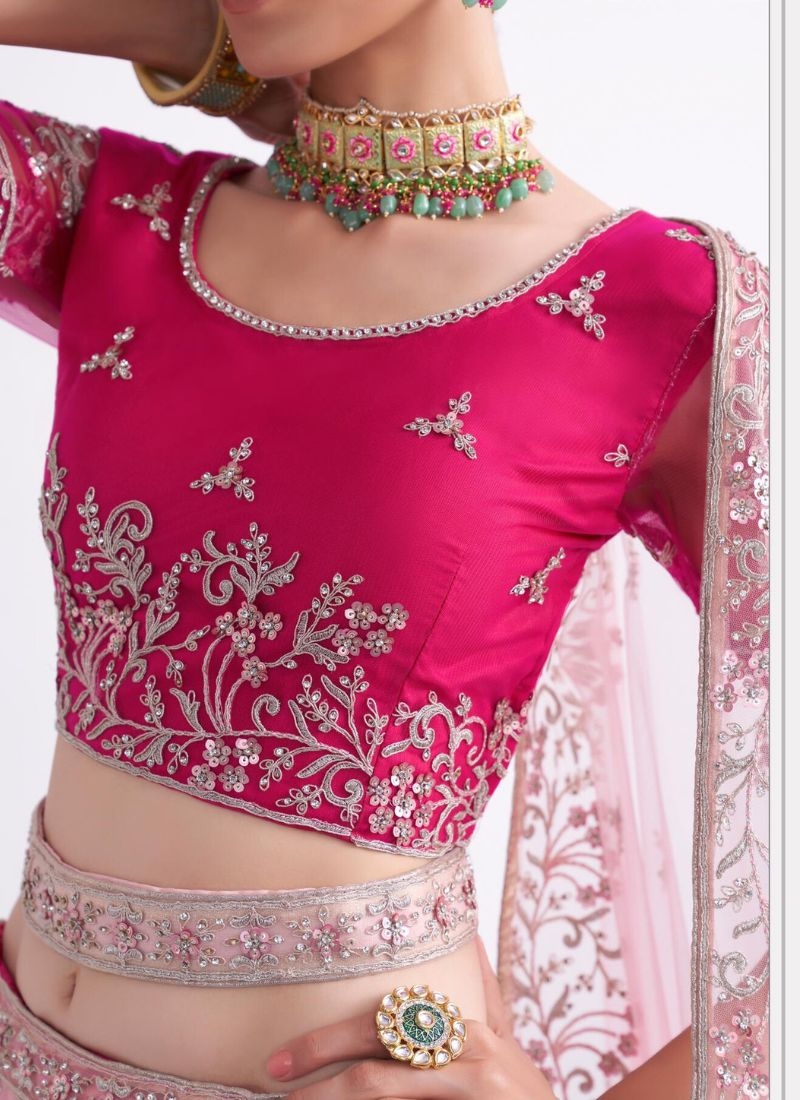 Stylish embroidered butterfly net lehenga choli in pink