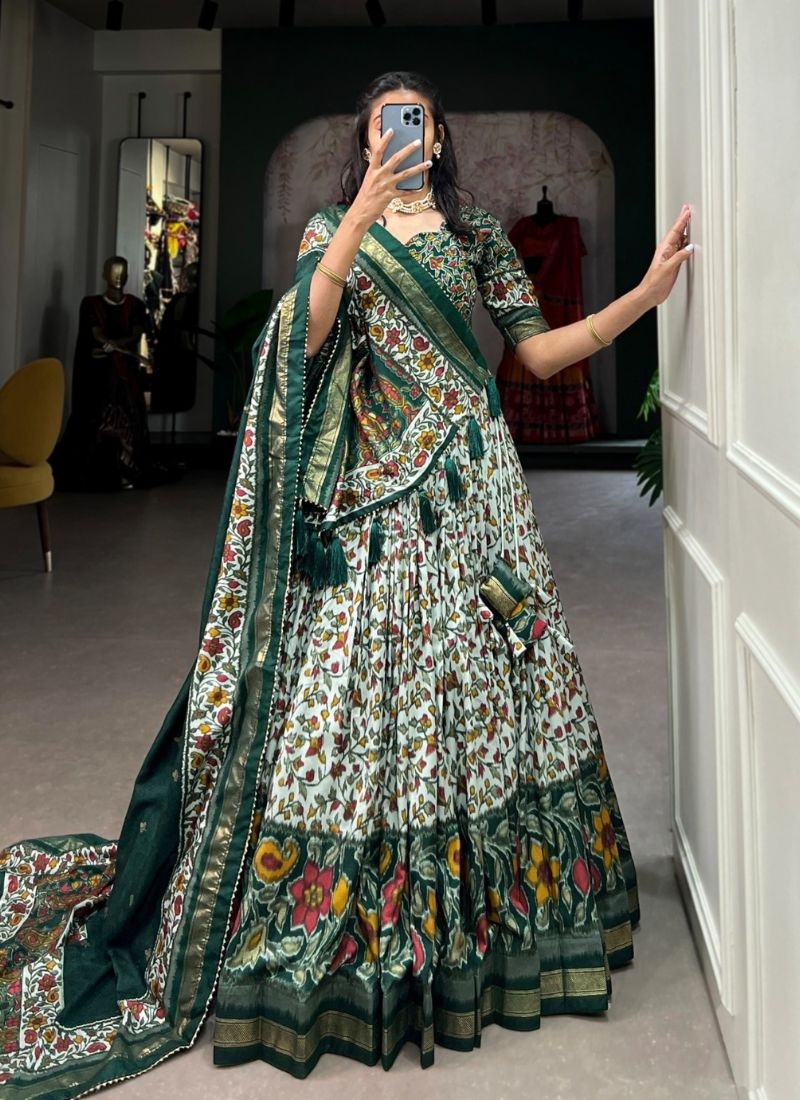 Designer floral printed navratri special lehenga choli in dark green