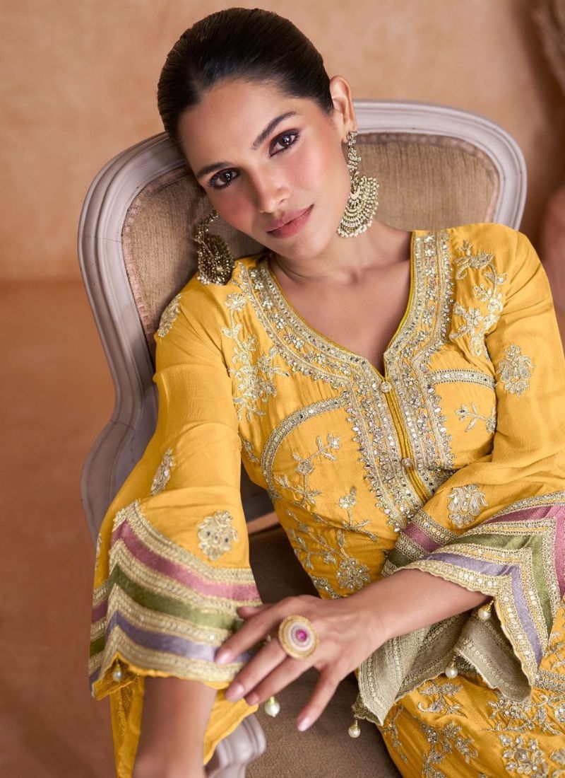 Beautiful embroidered Chinon kurta pant suit  in yellow