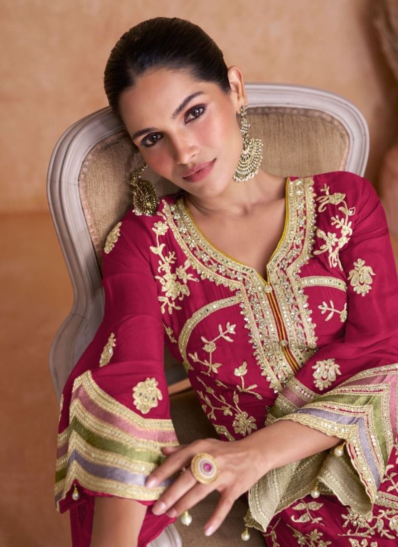 Beautiful embroidered Chinon kurta pant suit  in red