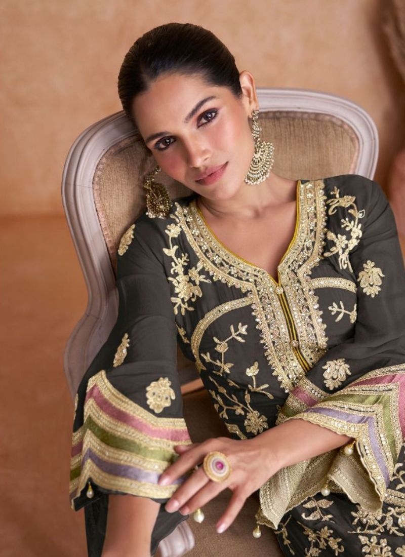 Beautiful embroidered Chinon kurta pant suit  in brown