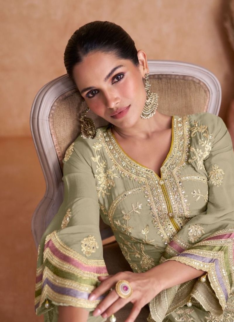 Beautiful embroidered Chinon kurta pant suit  in light green