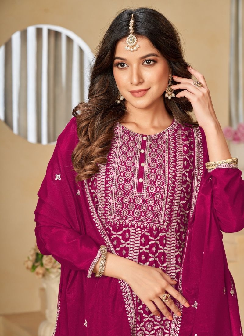 Designer embroidered chinon sharara suit & dupatta in maroon