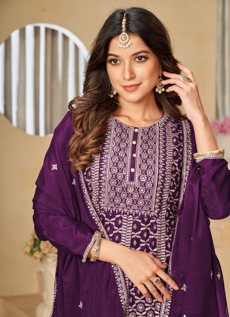 Designer embroidered chinon sharara suit & dupatta in purple