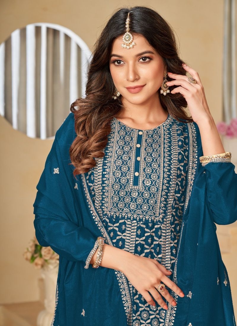 Designer embroidered chinon sharara suit & dupatta in dark blue