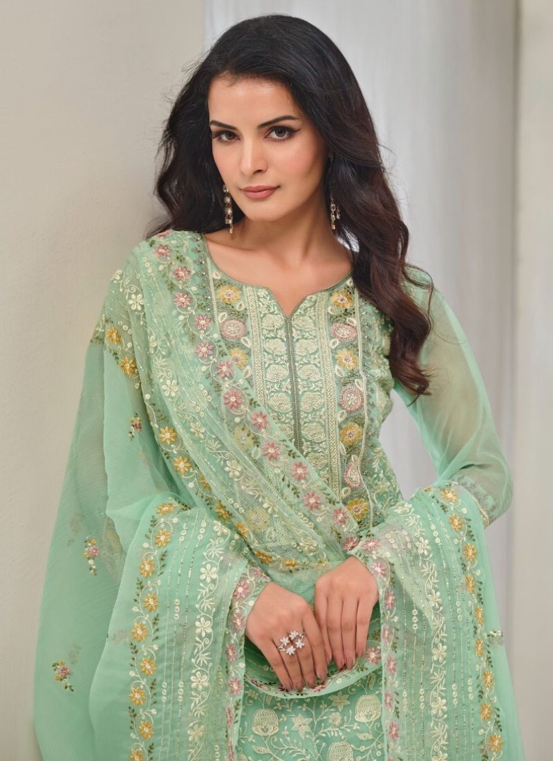 Gorgeous embroidered organza pantsuit in light green