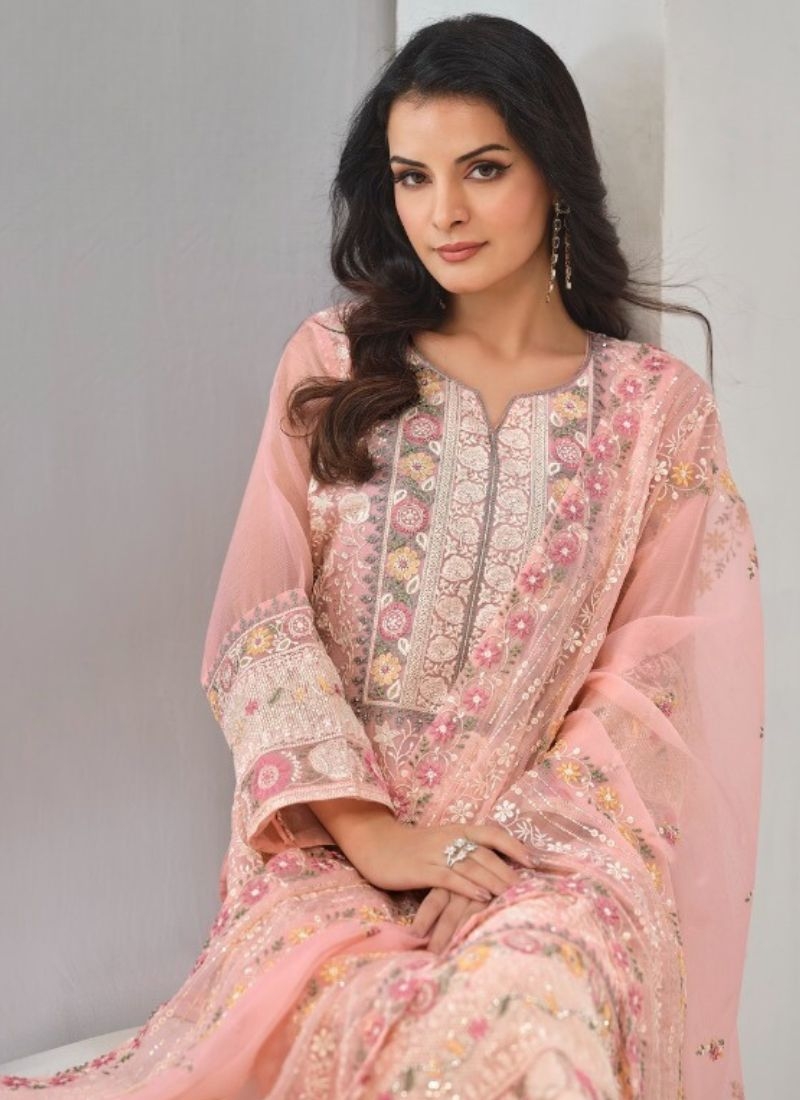 Gorgeous embroidered organza pantsuit in baby pink