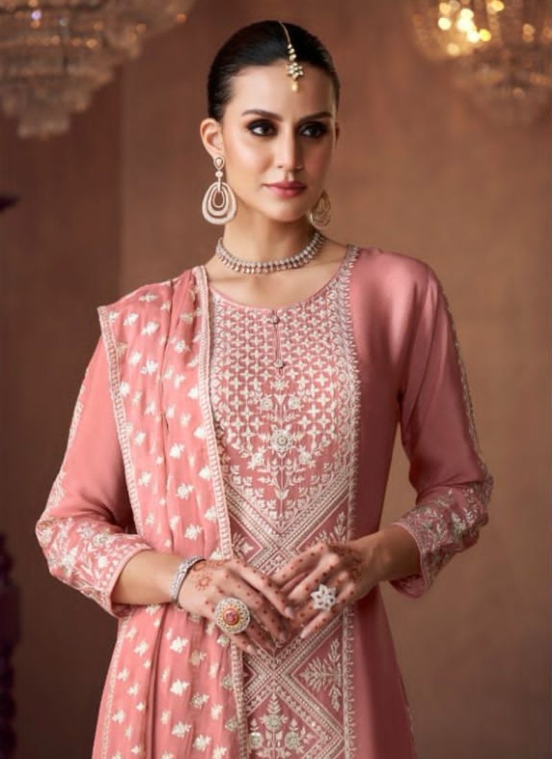 Traditional embroidered wedding palazzo suit & dupatta in peach