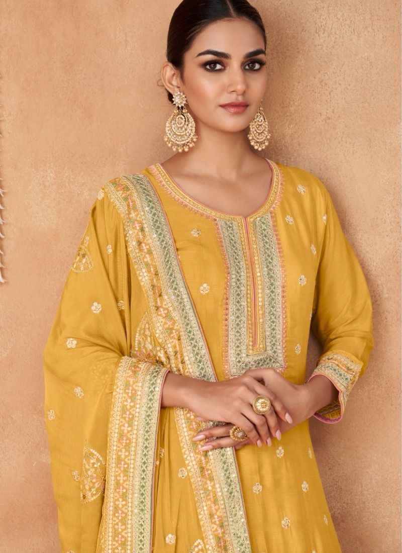 Traditional embroidered wedding palazzo suit & dupatta in yellow