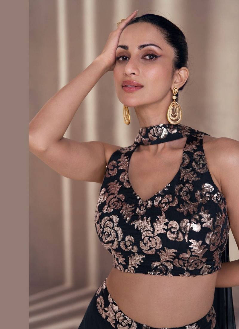 Chinon embroidered designer crop top set with dupatta in black