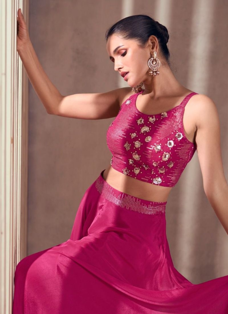 Chinon embroidered designer crop top set with dupatta in pink