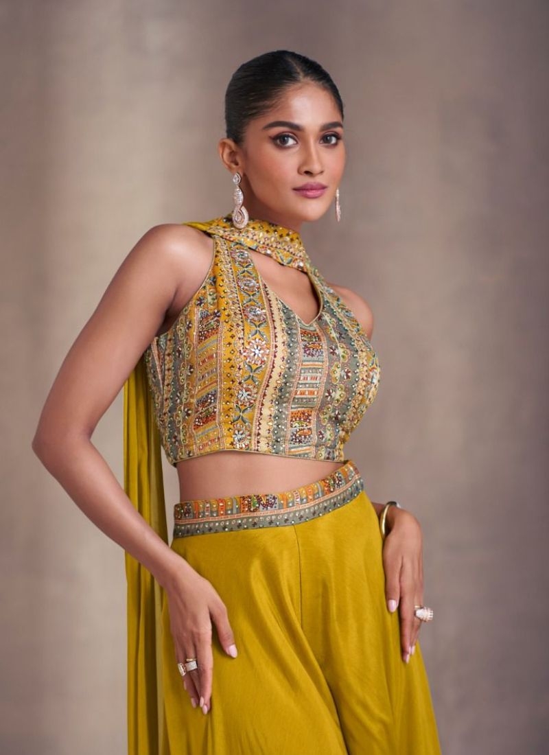 Chinon embroidered designer crop top set with dupatta in yellow