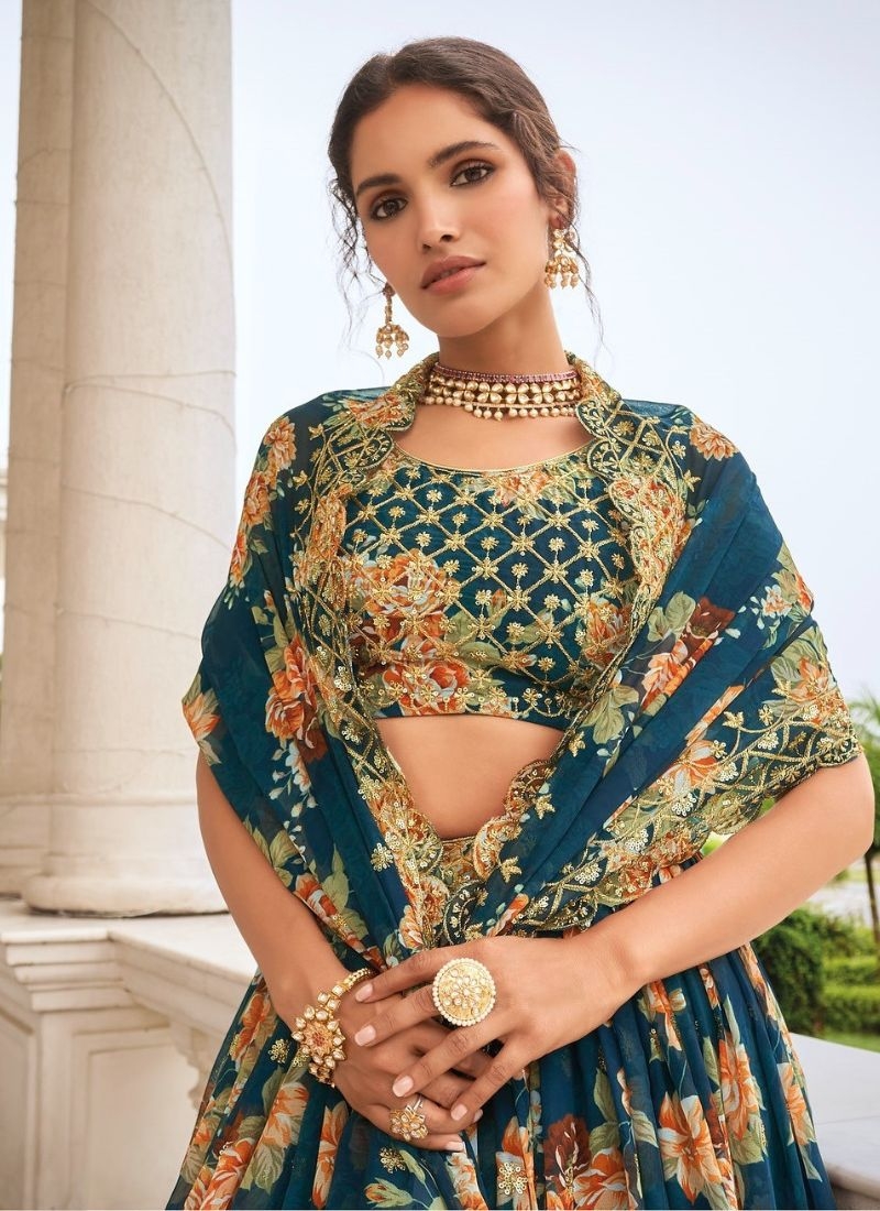 Designer floral printed embroidered Lehenga choli in blue