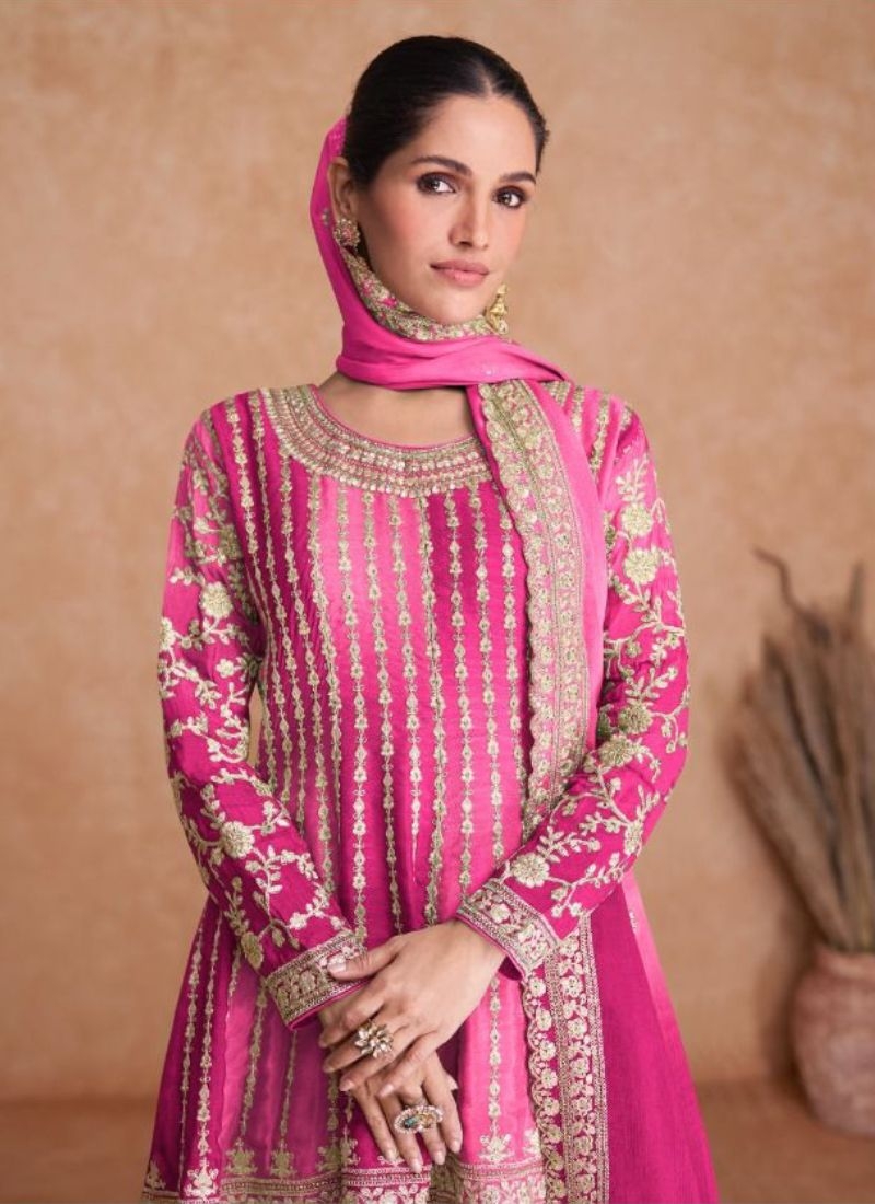 Stunning embroidered sharara suit & dupatta dark pink