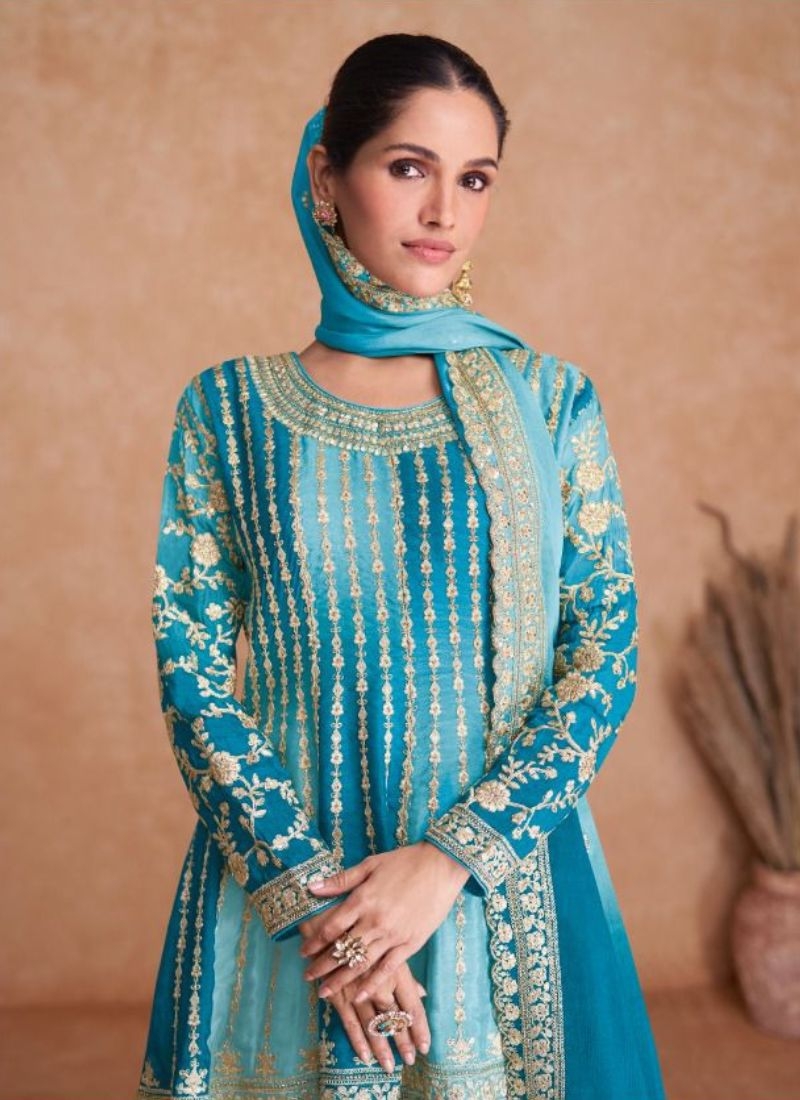 Stunning embroidered sharara suit & dupatta in blue