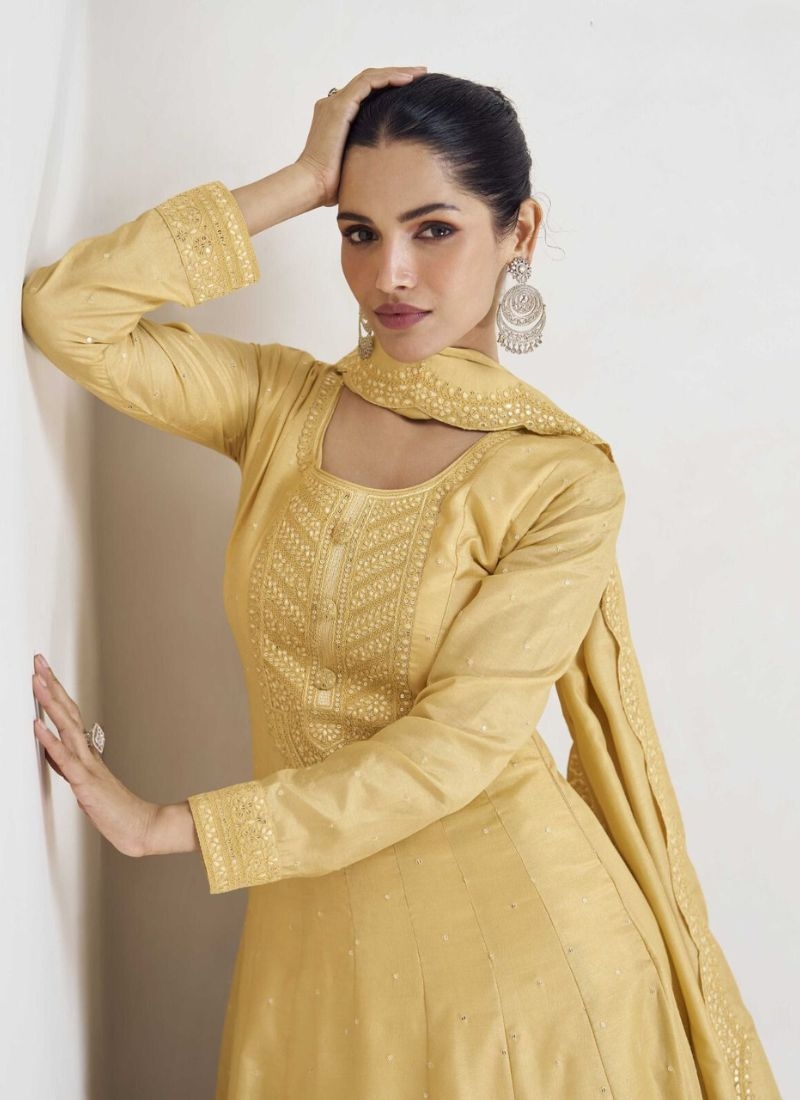 Premium emboidered silk anarkali suit in yellow