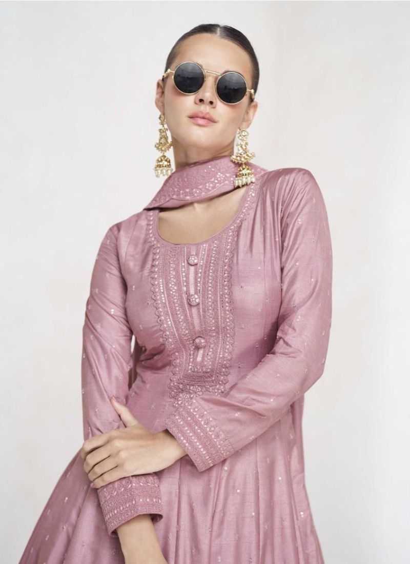 Premium emboidered silk anarkali suit in pink