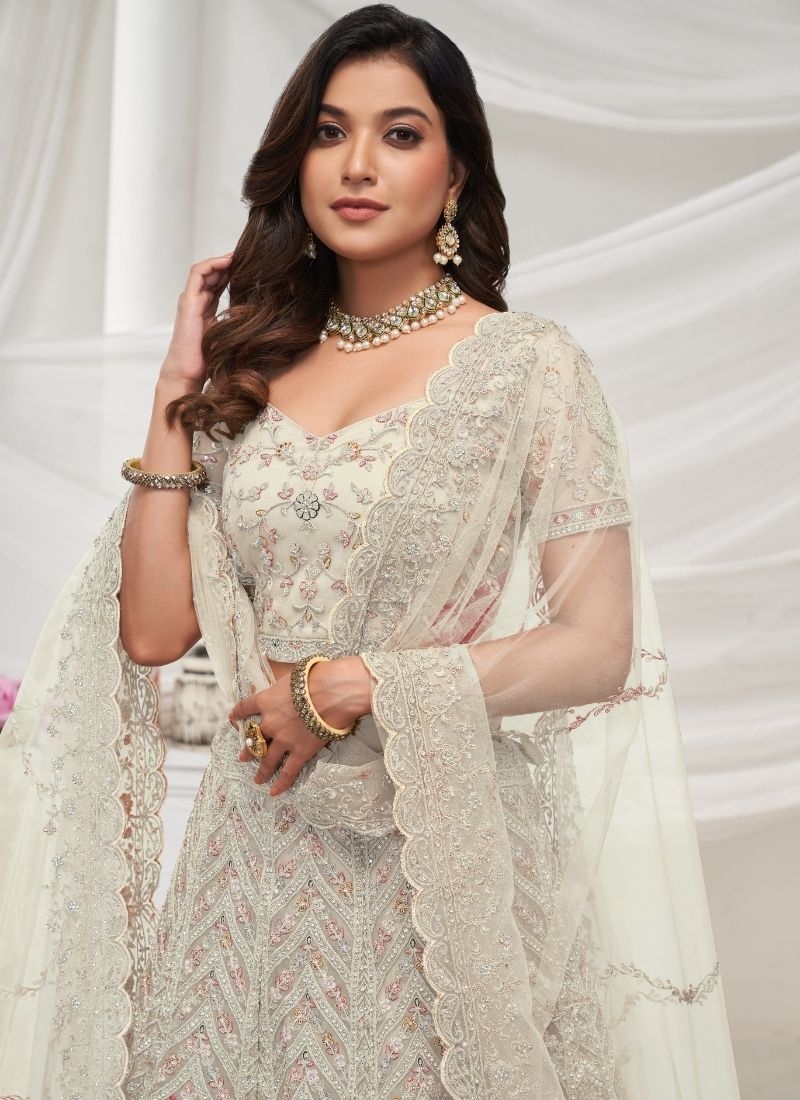 The bagh collection: white fawn peacock Embroidered bridal lehenga in white