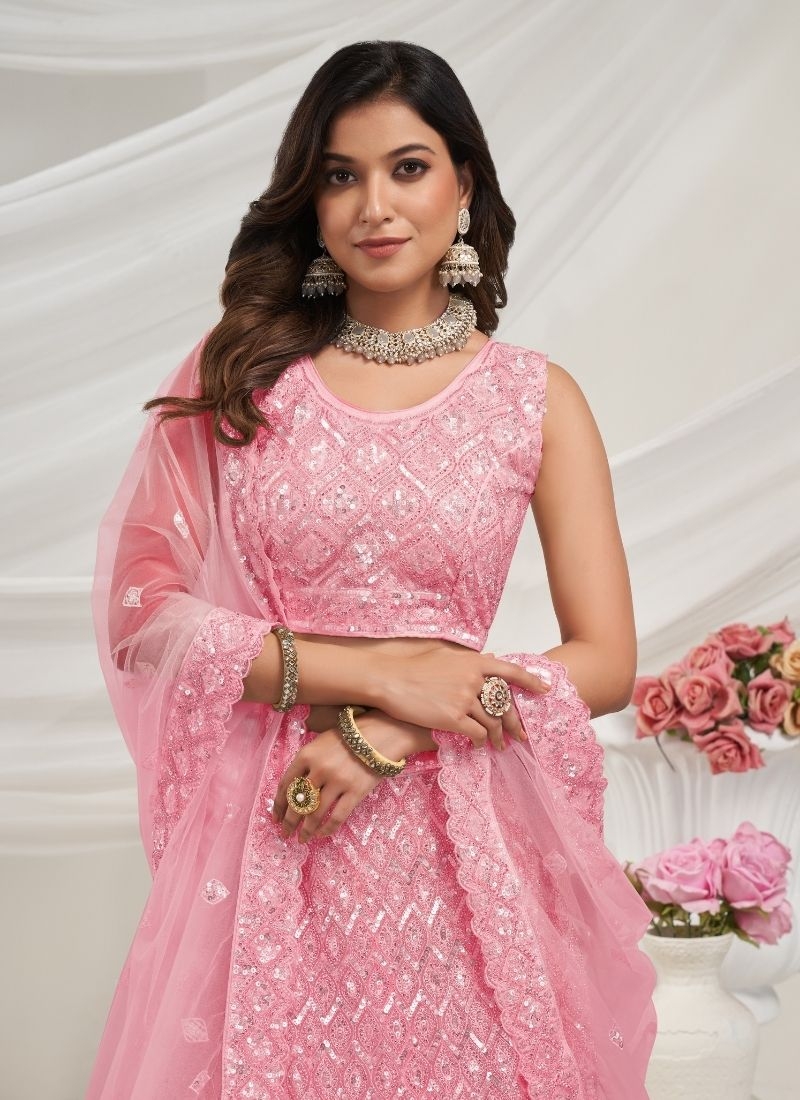 Exquisite Diamond Pattern Stone & Cut Daana Embroidered Bridal Lehenga in pink