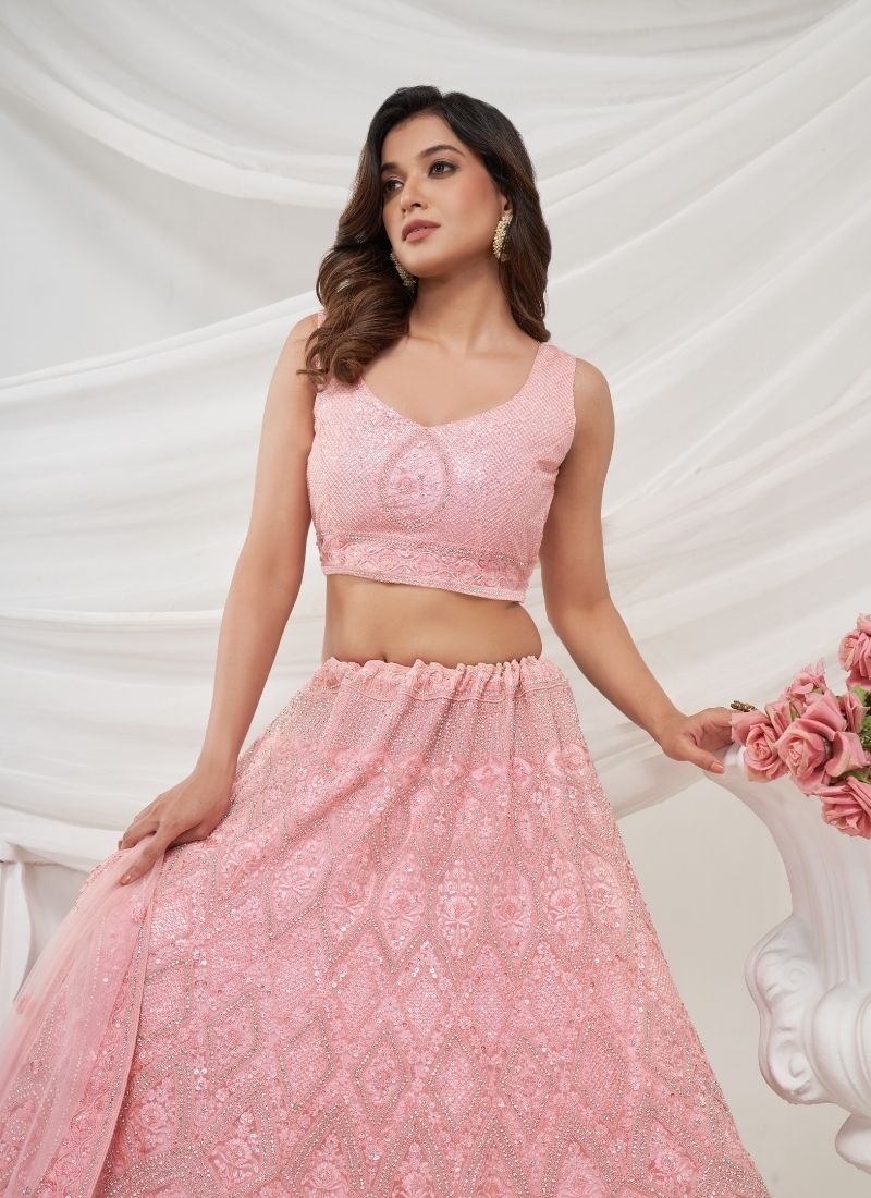 Floral Art Nouveau Patterned  sequins Embellishments  bridal lehenga in pink