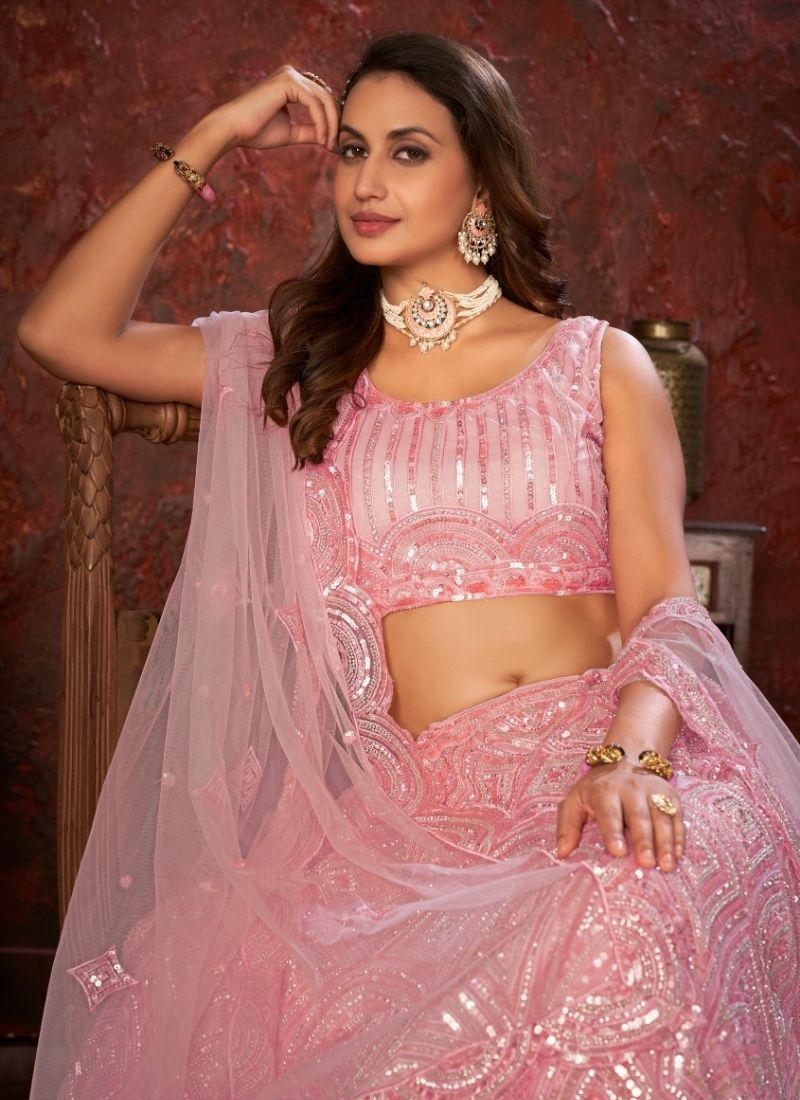 Mauve shadow Geometric Patterned Bridal Lehenga in pink