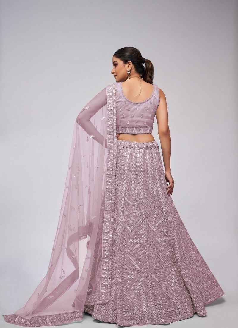 Elegant Ensemble leaves motifs sequins lehenga sangeet ceremony in purple