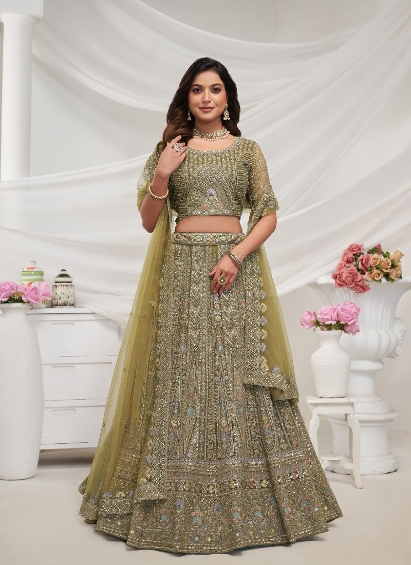 Designer Pattern beautiful sequin and  Zari work bridal lehenga in dark green