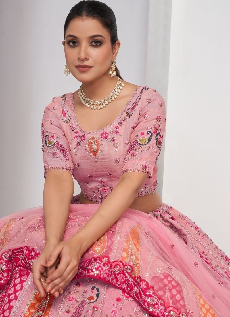 Elegant Peacock and Paisley motifs Silk traditional lehenga choli in baby pink