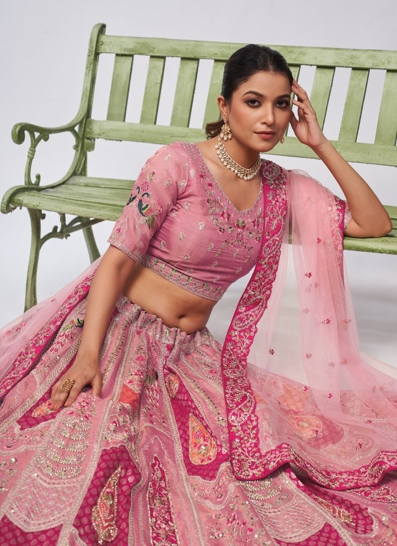 Elegant Peacock and Paisley motifs Silk traditional lehenga choli in dark pink