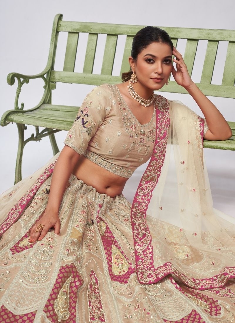 Elegant Peacock and Paisley motifs Silk traditional lehenga choli in perl white