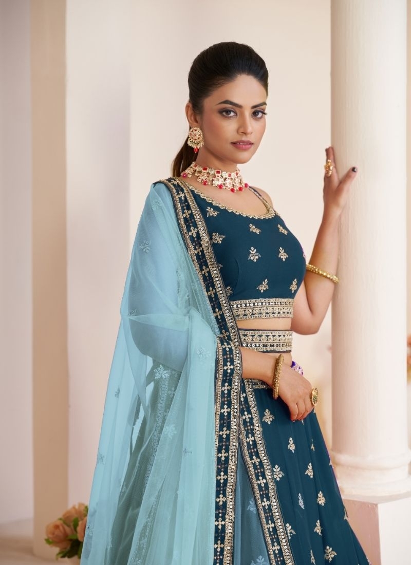 pretty embroidered  Zari and sequins work perfect stylish lehenga in blue