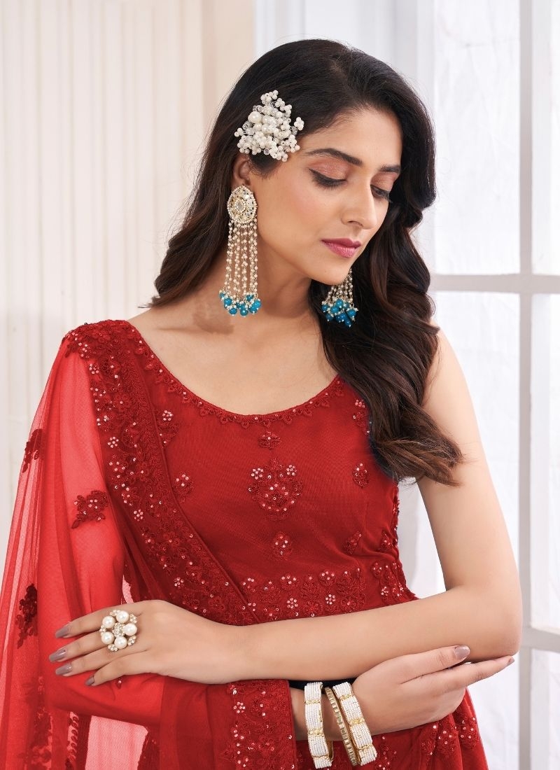 zari lehenga with Zari and thread work bridal lehenga in red