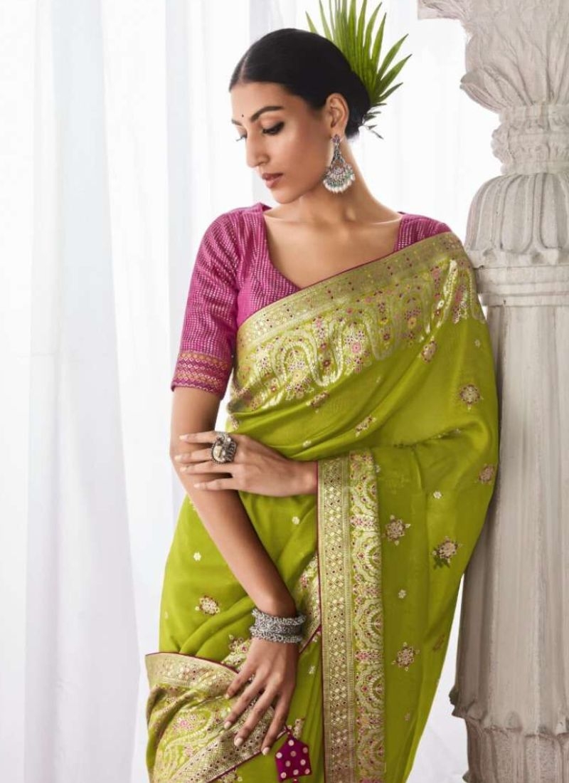 Designer meenakari work silk saree in light green