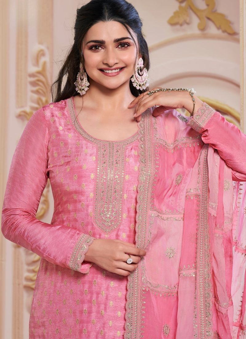 Designer organza pantsuit with silk dupatta in pink