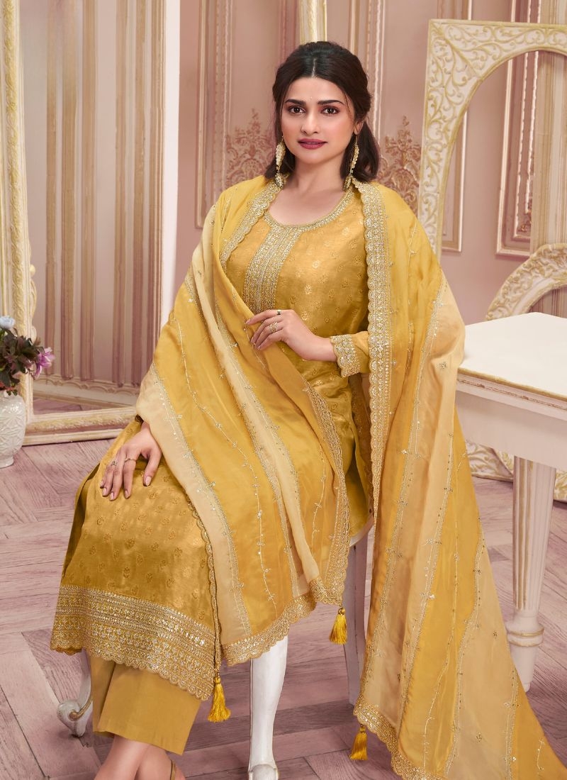 Designer organza pantsuit with silk dupatta in yellow