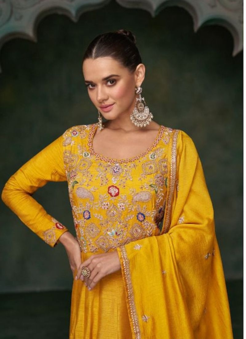 Gorgeous embroidered georgette anarkali suit in yellow