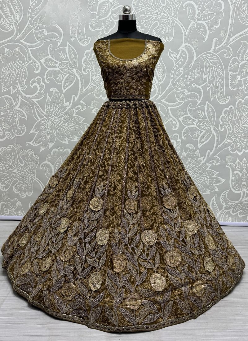 Heavy embroidered bridal lehenga in net with designer net dupatta  in mustard