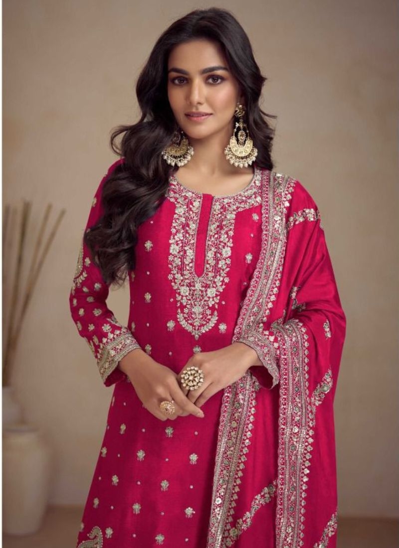 Hand embroidered palazzo suit & dupatta in pink