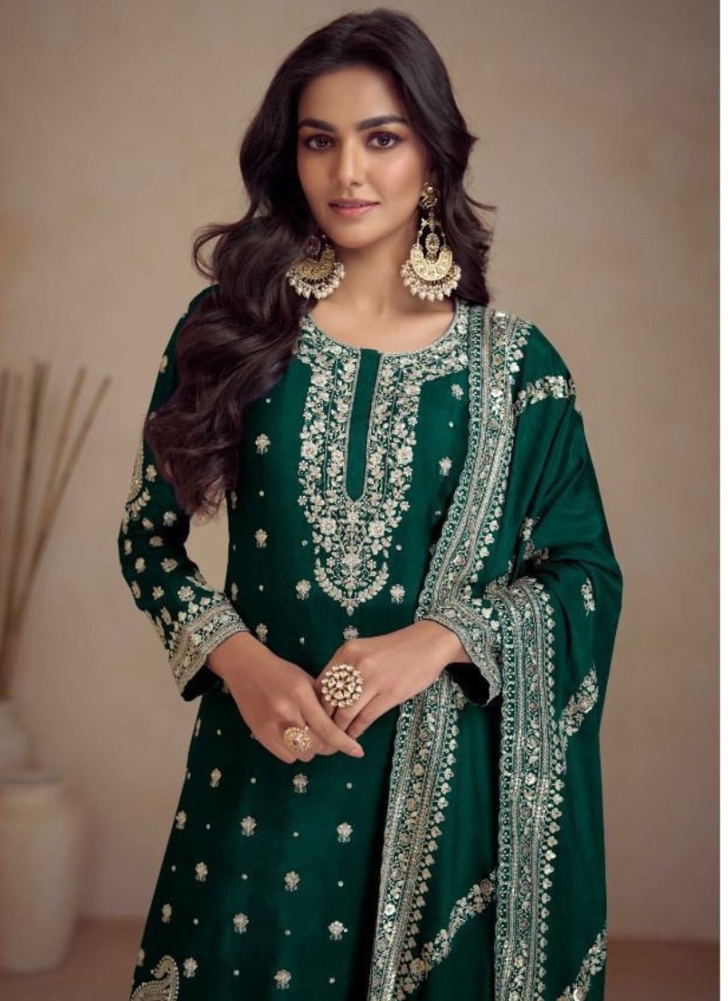 Hand embroidered palazzo suit & dupatta in dark green