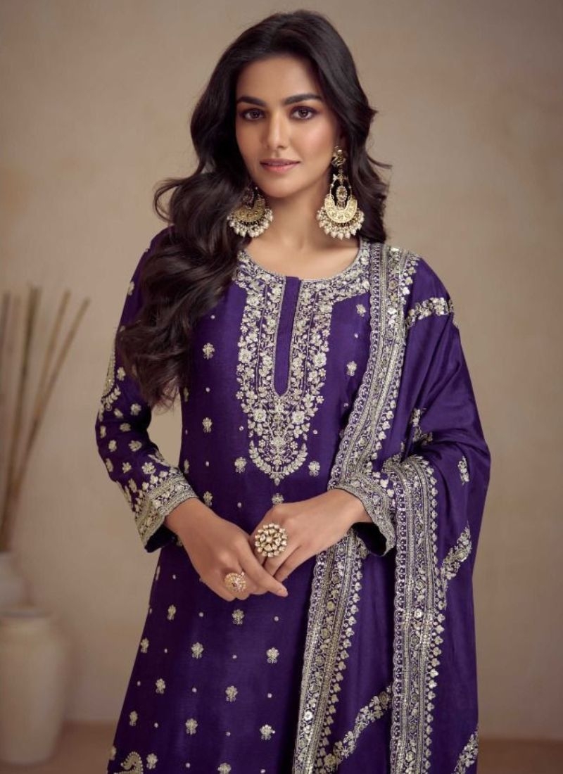 Hand embroidered palazzo suit & dupatta in dark purple