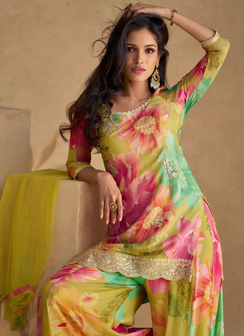 Digital printed Chinon sharara suit & dupatta in pink