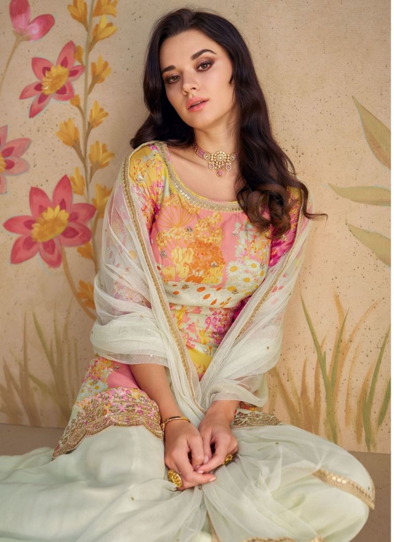 Digital printed Chinon sharara suit & dupatta in white