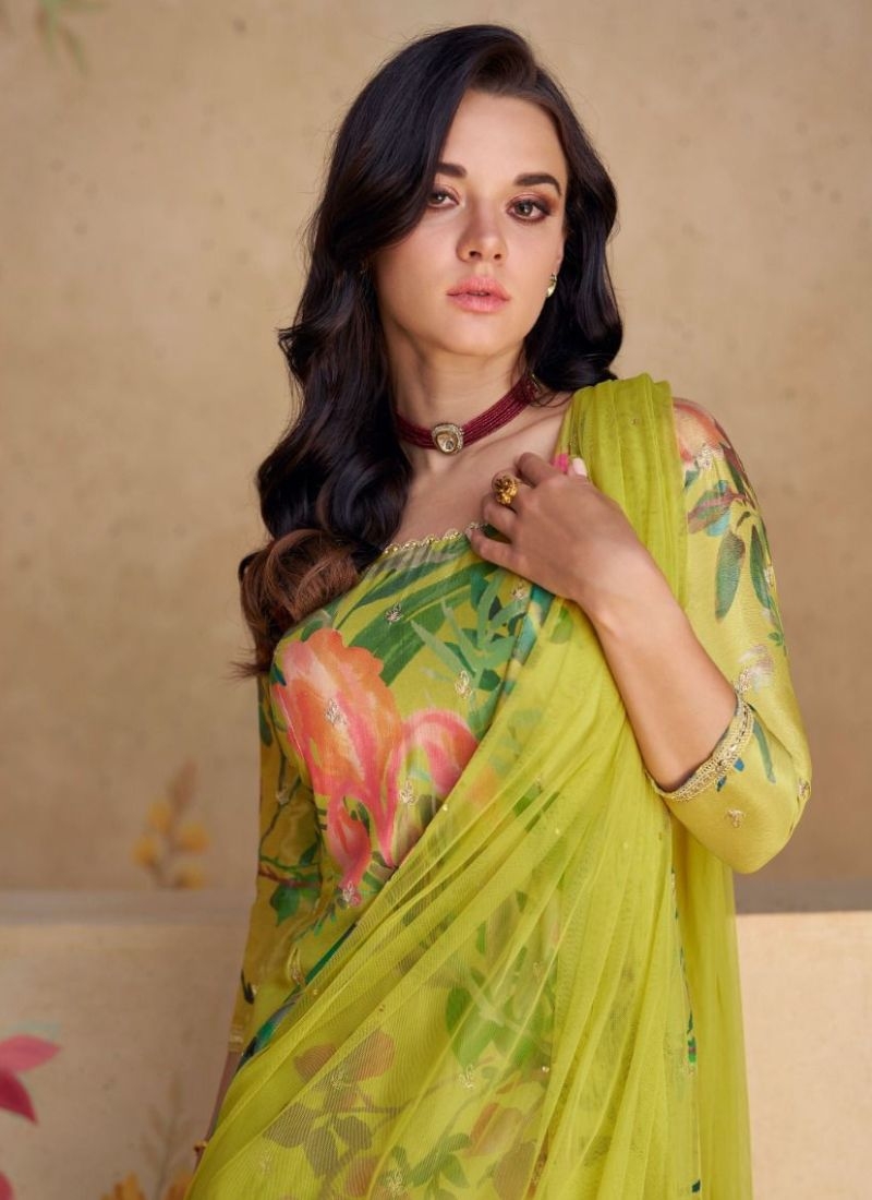 Digital printed Chinon sharara suit & dupatta in green