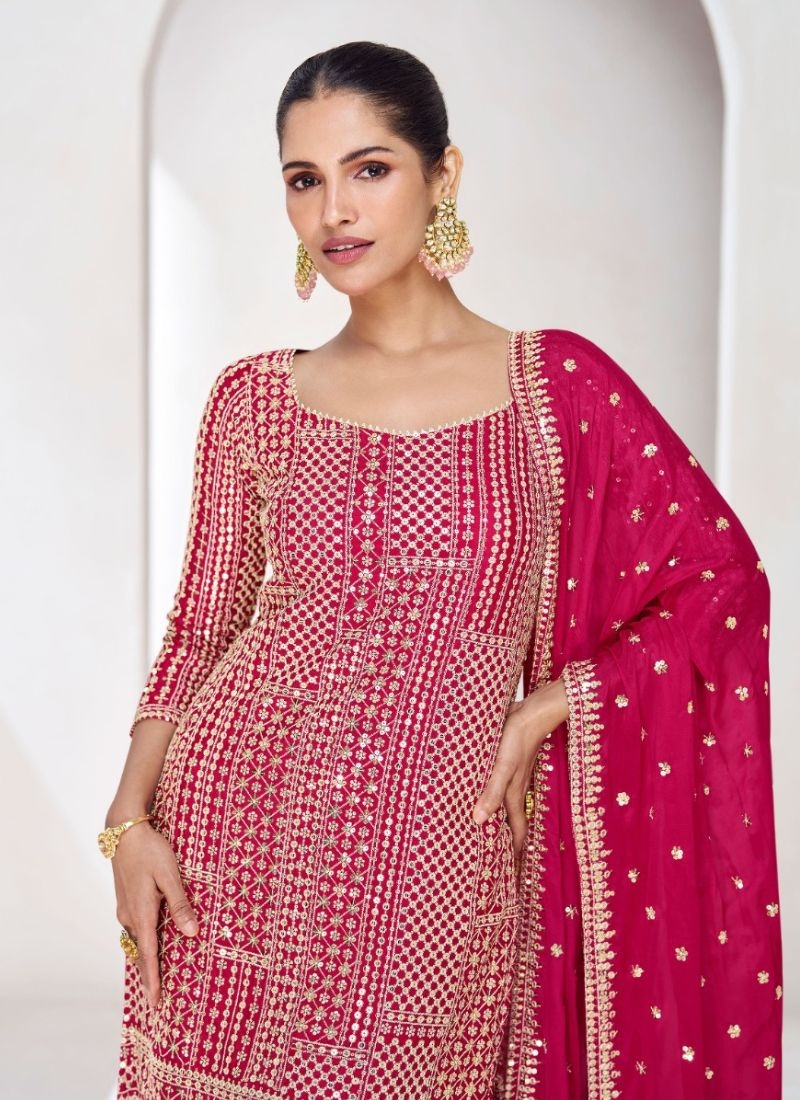 Trendy embroidered chinon palazzo suit in pink