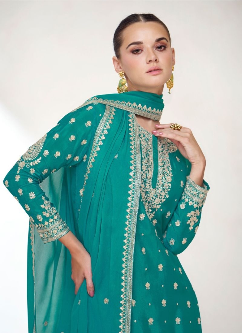 Trendy embroidered chinon palazzo suit in green